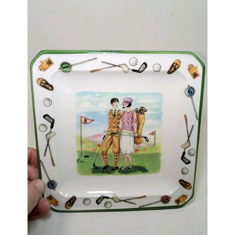 Early Century Golfers Golf Players Porcelain 6 1/2" Square Dish Plate Italy